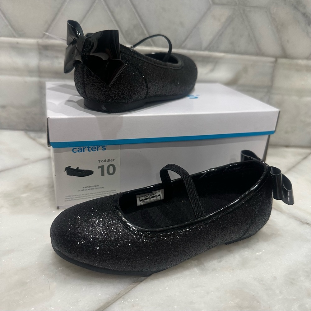 NWT Size 10 Toddler Girls Black Glitter with Bows Ballet Style Dress Shoes